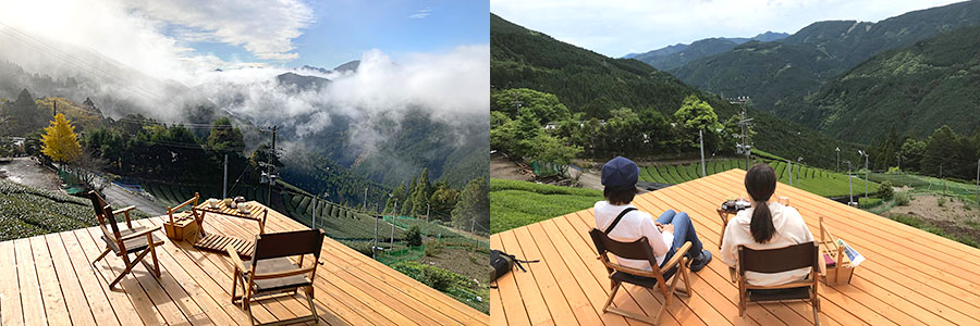 つちや農園テラスからの茶畑や山々の壮大な風景の中でのお茶を飲む